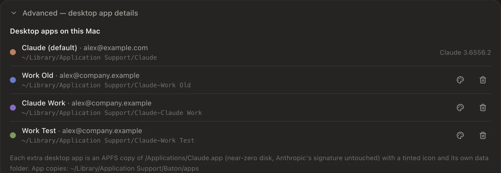 Desktop apps on this Mac: Claude (default) for alex@example.com and copies signed in as alex@company.example, each with its own data folder.