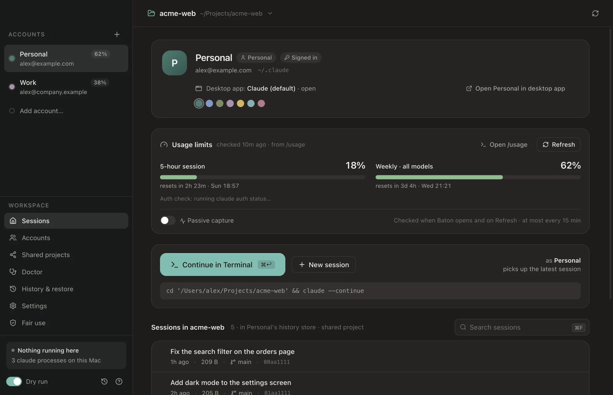 The Sessions screen: Personal's usage limits, a Continue in Terminal button running claude --continue, and the acme-web sessions list.