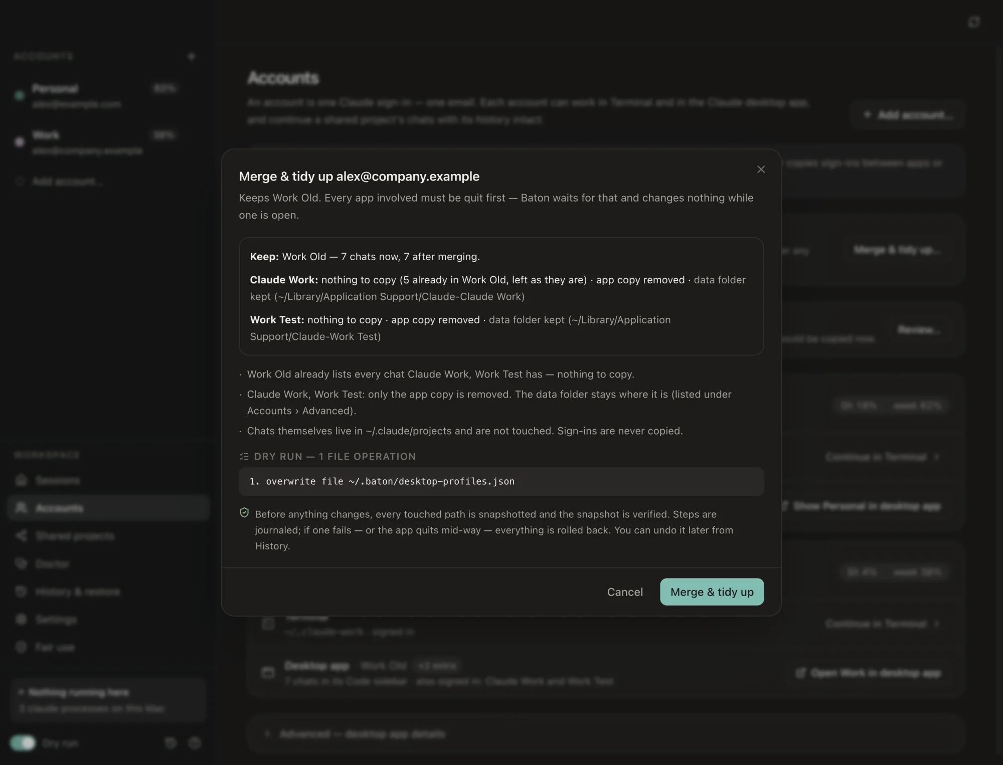 A dry-run preview listing the exact file operation, with a note that every touched path is snapshotted and verified first.