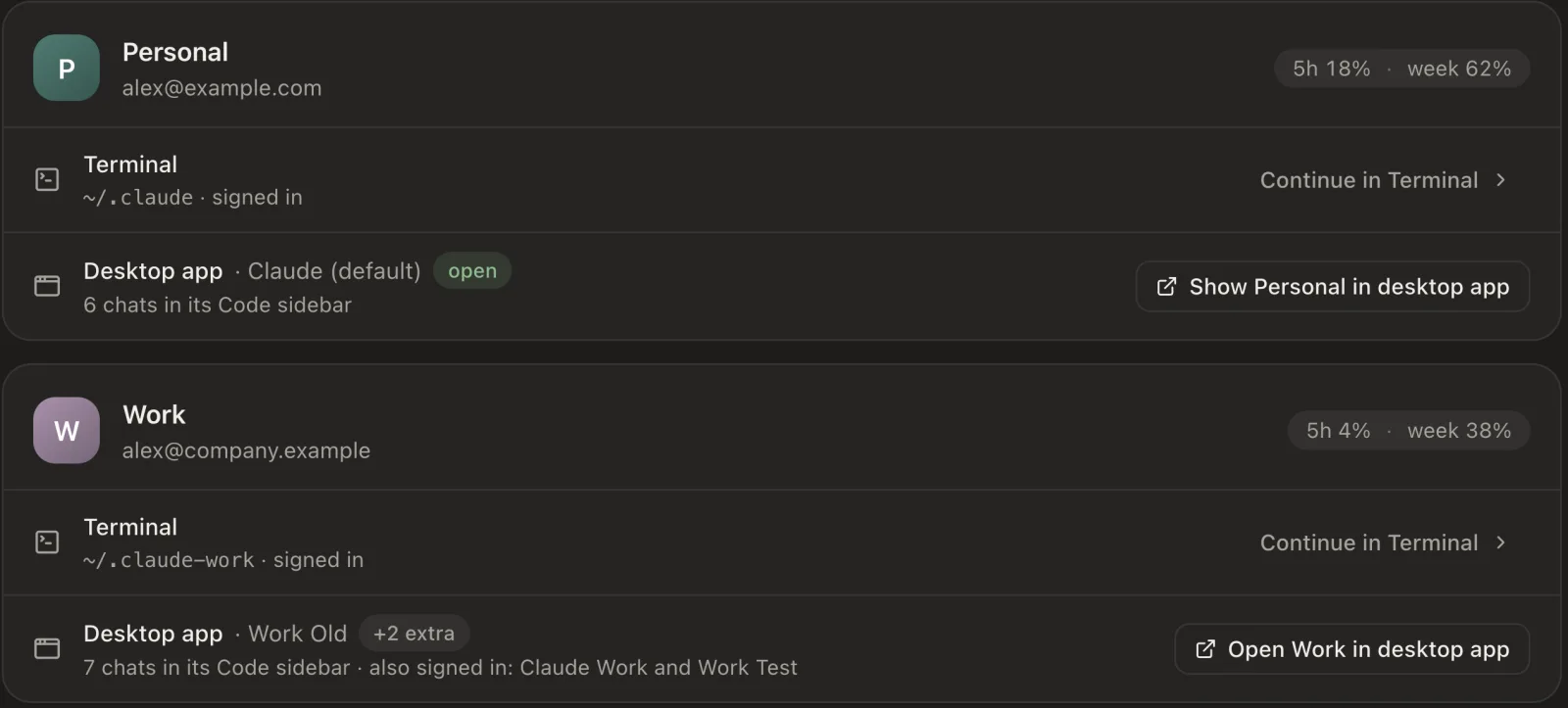 Baton's Accounts screen: Personal (alex@example.com) and Work (alex@company.example), each with its Terminal folder signed in and its own desktop app.