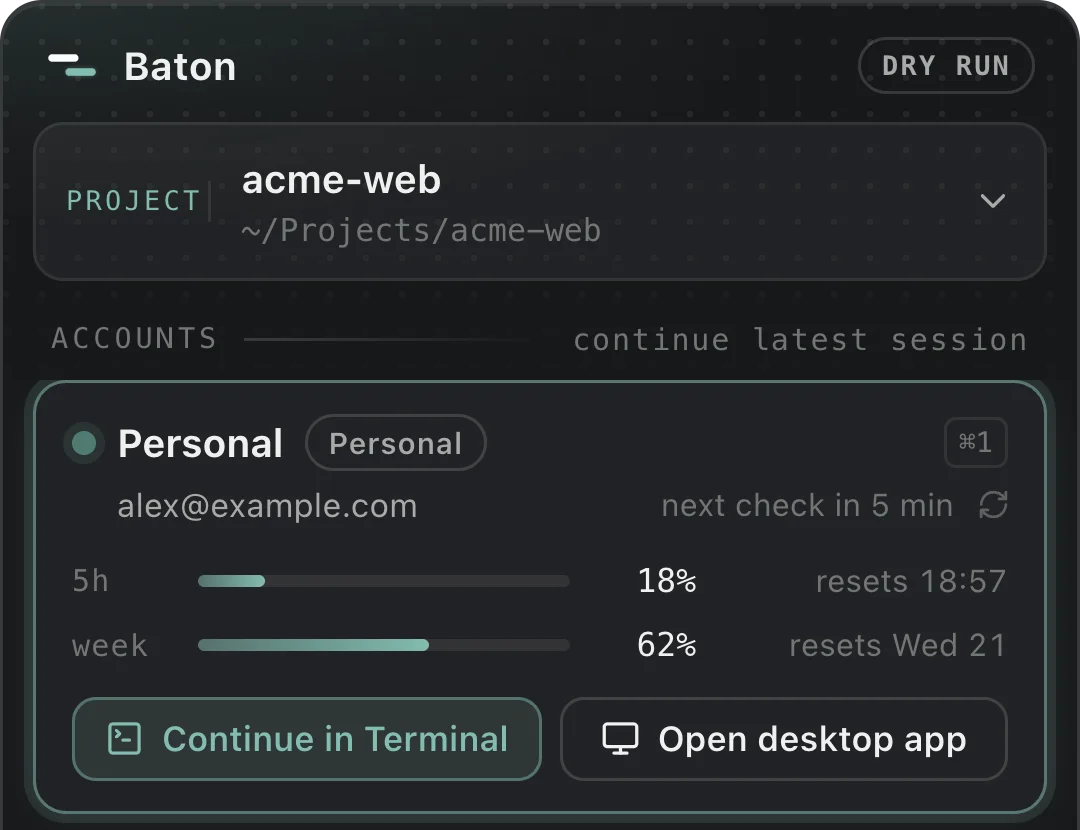 Baton's menu-bar panel with the acme-web project selected and the Personal account's Continue in Terminal and Open desktop app buttons.