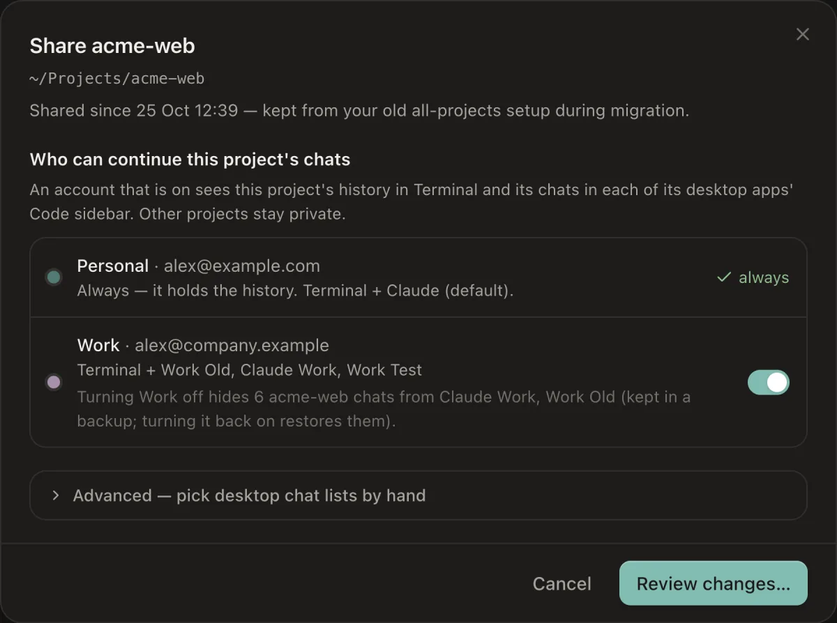 The Share acme-web dialog: Personal always holds the history, and a switch lets Work continue this project. Turning Work off hides its acme-web chats in a backup.